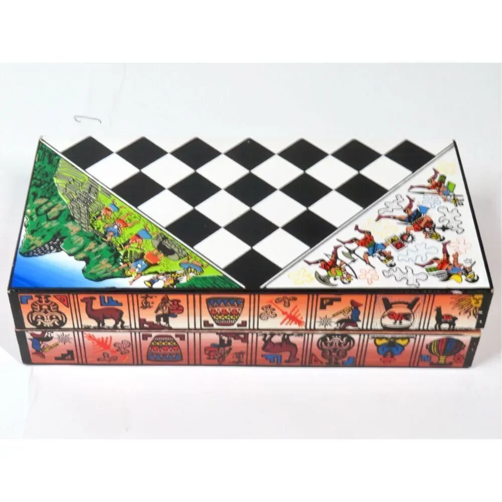 Handcrafted Wooden Peruvian Chess Set   Portable Aztecs Mayans Incas vs Spanish